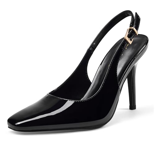 Elisabet Tang Women's Slingback High Heels, Square Toe with Metal Buckle, Sexy Slip on Patent Leather 3.4 Inch Stiletto Pumps for Wedding and Party Styles