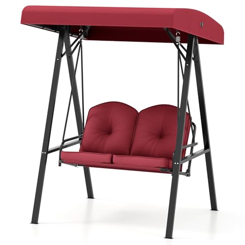 Image of HAPPYGRILL 2-Person Porch Swing, Outdoor Loveseat Swing with Adjustable Canopy & Heavy-Duty Metal Frame, Cushioned Swing with Stand for Porch, Backyard, Garden (Wine)