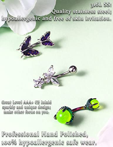 14G Belly Button Ring Stainless steel Dangle Belly rings Snake Glow Dark Round Cubic Zirconia Navel Barbell Body Piercing Jewelry For Women 3/8inch 10mm silver,rose,purple,black men belly ring3
