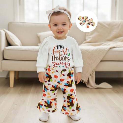 Newborn Baby Girl Thanksgiving Outfit Turkey Long Sleeve Bubble Romper Bodysuit Flare Pants Set Cute Fall Clothes3