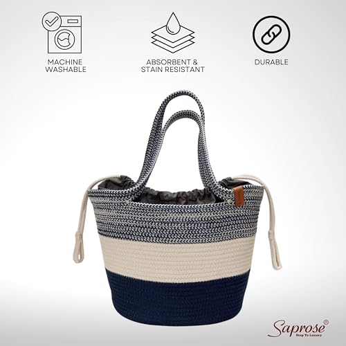 Image of SAPROSE Polypropylene Tote Tiffin Basket With Cover Carry Bag, Storage Basket, Picnic /Tiffin, Lunch Bag, Handbag for Lunch Box and Water Bottle, (29 x 18 x 28 cm) (Persian Blue)