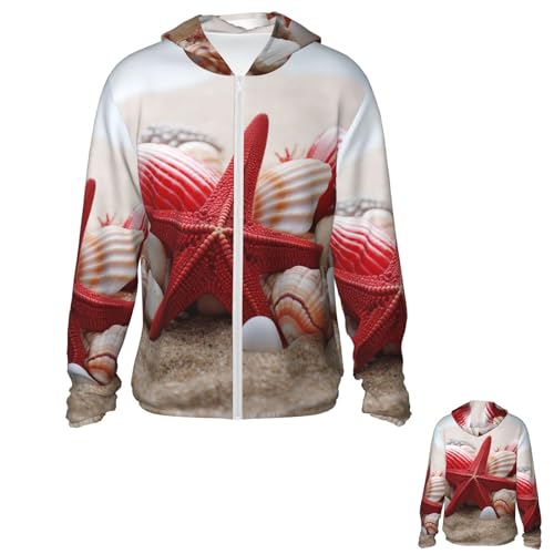 NONHAI Men's Sun Protection Jacket UPF 50+ Full Zipper Long Sleeve UV Hoodie Shirt Red Starfish Seashells Women's Outdoor Jacket
