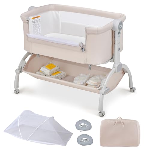 COSTWAY 3 in 1 Beistellbett mit Mosktionetz, Reisebett Baby mit Matratze, Babybett 7 Fach höhenverstellbar mit Tragetasche, Aufbewahrungskorb, Stubenwagen für Baby bis 9 Monate (Beige) COSTWAY 3 in 1 Beistellbett mit Mosktionetz, Reisebett Baby mit Matratze, Babybett 7 Fach höhenverstellbar mit Tragetasche, Aufbewahrungskorb, Stubenwagen für Baby bis 9 Monate (Beige)