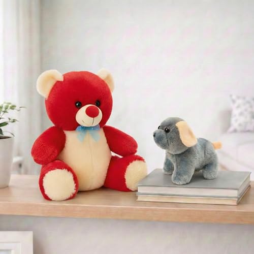Image of Tabitha Stuffed Toys - Ultra Soft Plush Toy for Kids | Birthday Gifts for Kids and Girls | (Combo of 2 Toys 30 Cm Red Teddy & 25 Cm Grey Dog)