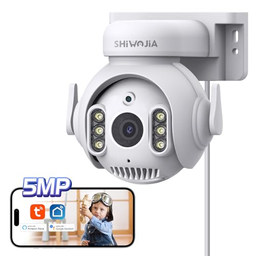 SHIWOJIA Cámara Vigilancia WiFi Exterior, 5MP 360° PTZ Tuya Smart Camara WiFi, 24/7 Grabación Continua, Seguimiento Automático, Detector de Movimiento, Visión Nocturna