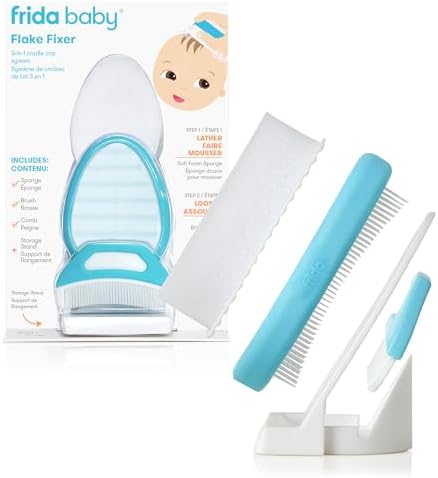 Frida Baby The 3-Step Cradle Cap System Kit & Cradle Cap Treatment, DermaFrida The FlakeFixer, Sponge, Brush, Comb and Storage Stand for Babies with Cradle Cap, White-Blue