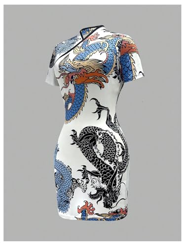 Image of Floerns Women's Cheongsam Chinese Traditional Dragon Print Qipao Bodycon Mini Dress