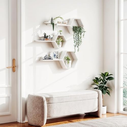 Image of Engineered Wood Woden Hexagonal Shape Wall Hanging Rack Floating Shelves for Display for Photos,Plants Living Room, Bedroom,Bathroom, Kitchen, Office Decor (White)