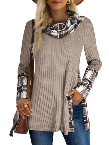 Miusey Women's Cowl Neck Tunic Sweaters Long Sleeve Shirts Lightweight Pullover Sweatshirts Side Split Tunic Tops