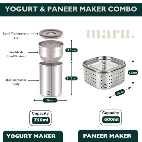 Image of Maru Stainless Steel Yogurt Maker 750ml & Paneer Maker 600ml Combo Set, Easy to Use Hung Curd Maker, Greek Yogurt & Fresh Paneer & Sprouts Making Strainer, Durable Dairy Straining Tools