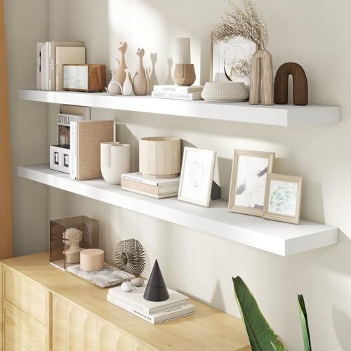 Image of 72 Inch Floating Shelves for Wall, 8 Inch Deep Floating Shelf for Storage & Display, Rustic Wall Mounted Shelf with Invisible Brackets for Living Room, Kitchen, Bathroom, Home Decor, Set of 2, White