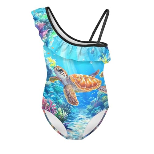 Girls One Piece Swimsuit One Shoulder Ruffle Cute Swimwear for Girls Hawaii Beach Bathing Suit,5-14t
