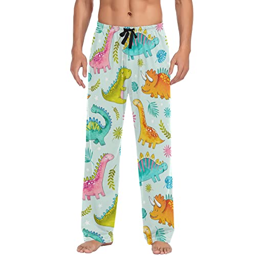 Watercolor Cute Dinosaurs Pajama Pants Palm Leaves Star Men's Pajama Bottoms Lounge Sleepwear PJs Sleep Pants S