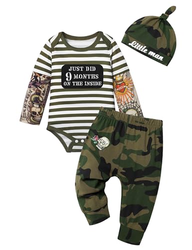 Image of Baby Boy Clothes Tattoo Sleeve Funny Romper Bodysuit+Pants 3PCS Infant Outfits Set