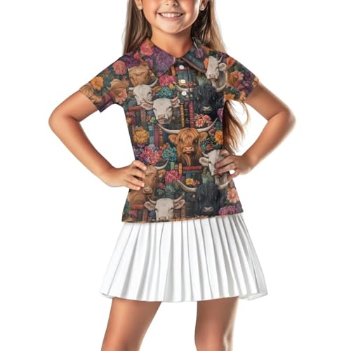 Frymappies Kids Highland Cow Golf Shirts Girls Size 7-8 Book Lover Short Sleeve Collared Golf Shirts Little Girls Summer Button Up Tennis Outfits Cute Comfy Breathable Dry Fit Athletic Tops