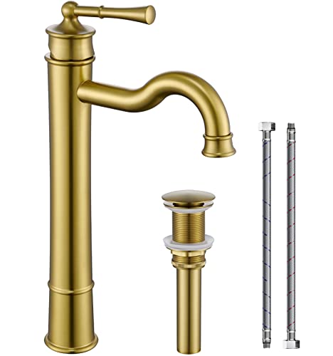 Winkear Vessel Sink Faucet Brushed Gold Bathroom Tall Faucet Single Hole Deck-Mount Pop Up Drain Assembly Without Overflow Water Supply Lines Included #TOP1