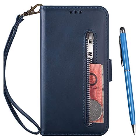 TOUCASA Compatible with Samsung Galaxy J4 Plus 2018 Case, Zipper Wallet Case Multi-functional Handbag Dual Folio PU Leather Stand Flip Case Protective Cover [Card Slots][Wrist Strap] (Blue) Cover