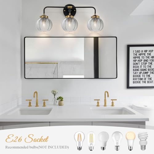 Image of Black Bathroom Light Fixtures 3-Lights Vintage Vanity Wall Sconce Over Mirror with Ribbed Smoky Gray Globe Shade Mid Century Modern Lights Fixture Art Deco Farmhouse Vanity Lighting