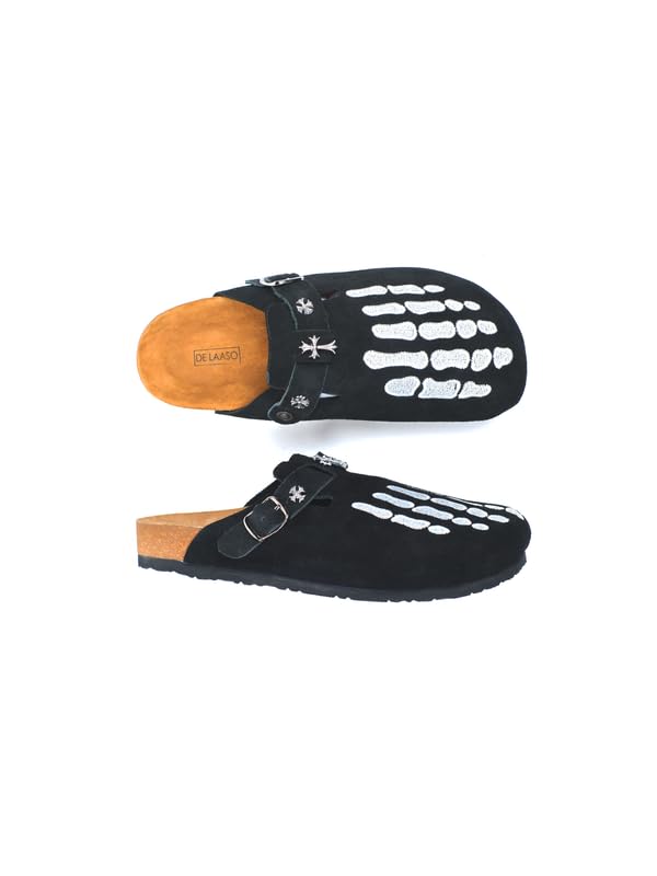 Image of Black Skeleton Mule for Men | High Definition Printed Leather & Suede Footwear | Adjustable Straps | Cork Footbed | Breathable, Odor-Resistant, Eco-Friendly Sole | UK5 to UK10