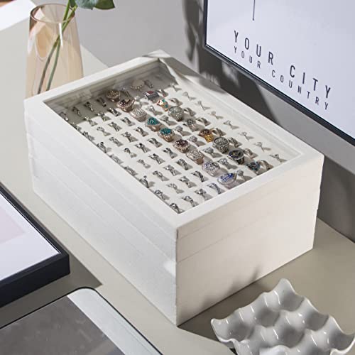 Pengup 5 Pcs/Set Stackable Jewelry Organizer Trays,Rings Necklaces Earrings Bracelets Display Storagetrays Holder With Glass Lid (Beige) #TOP1