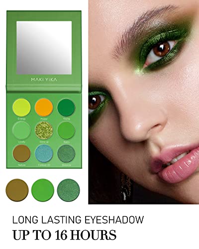 Maki Yika Green Eyeshadow Palette, 9 Color Green Eye Shadow Makeup Palette For Women, Matte Shimmer Glitter Eyeshadows Rich Pigmented & Ultra Blendable & Long Lasting (9Color) #TOP1