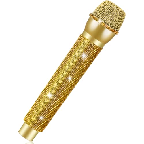Sanwuta Glitter Prop Microphone, Rhinestone Fake Microphone, Sparkly Bling Toy Mic for Pretend Play Lip Sync, Cosplay Costume Accessories, Disco Karaoke Party Favors(Gold)