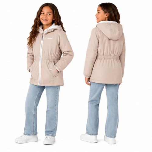 Image of DKNY Girls Midweight Jacket, Anorak Windbreaker, Polar Fleece Lined, Hooded