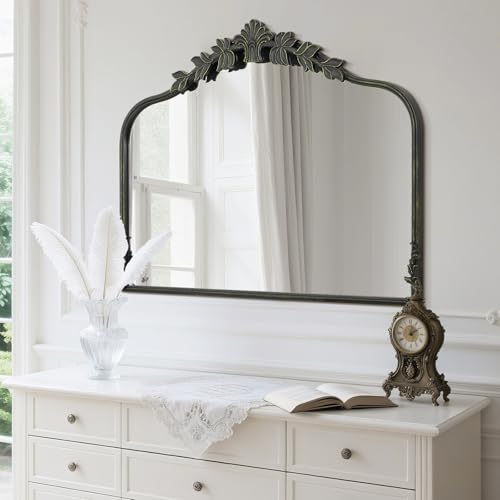 Image of WallBeyond Black Antique Mirror for Vanity 32x24 Inch, Black Vintage Mirror with Ornate Frame, Arched Vintage Wall for Bathroom, Living Room, Fireplace