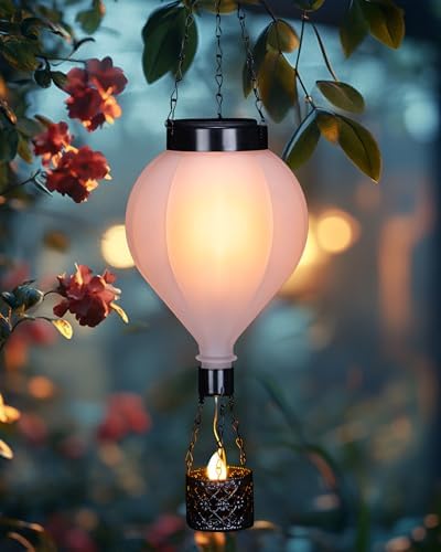 Hanging Solar Lantern Outdoor Garden Decor Hot Air Balloon Lantern with Flickering Flame Gifts for Women Grandma Mom Outdoor Hanging Light Solar Decorative Lamp for Garden Patio Yard and Home