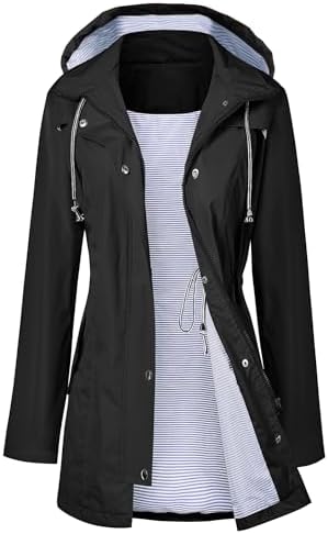 Women Raincoat Active Outdoor Waterproof Windproof Rain Jacket Fashion Hooded Casual Jacket Spring Rain Slicker Double Layer Black L