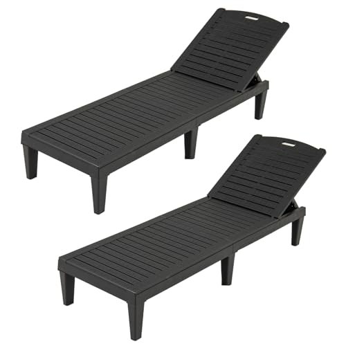 GIANTEX Juego de 2 Tumbonas de Exterior, Sillas Reclinables de Plástico con Respaldo Ajustable en 5 Posiciones, Carga hasta 160 kg, Tumbonas Impermeables para Jardín, Patio, Playa, Piscina (Negro)