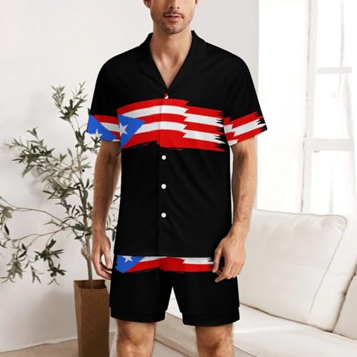 DZUAIKIT Flag of Puerto Rico Mens Short Sleeve Pajama Set Satin Silk Sleepwear 2 Piece Pjs Loungewear2