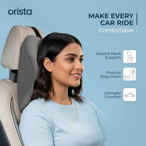 Image of Orista Premium Car Neck Rest Pillow | 2 Years Warranty | Memory Foam Neck Pillow for Car, Headrest Cushion for Neck & Cervical Support - Relieves Neck Pain & Fatigue | Grey Velvet