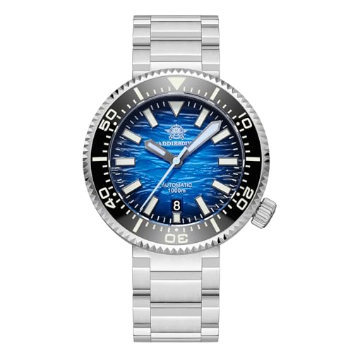 ADDIESDIVE 1000 M Waterproof Automatic Dive Watch NH35 Movement Synthetic Sapphire Mens Watch Blue 3D Wave Ripples
