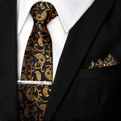 Image of DiBanGu Silk Floral Ties for Men Woven Paisley Necktie and Tie Clip Handkerchief Cufflinks Set for Party Wedding