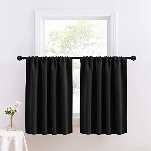Icegrey Rideaux Brise-bise Rideaux Courts Opaques avec œillets pour Cuisine, Salle à Manger, Salle de Bain, Petite fenêtre, Le Noir, 76 cm L x 92 cm B (1 Stück)