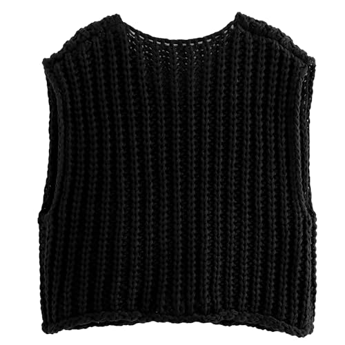 Image of Hixiaohe Womens Crochet Chunky Knit Top Sleeveless Button Down Crop Tops Trendy Cardigan Sweater Vest for Women with Pockets