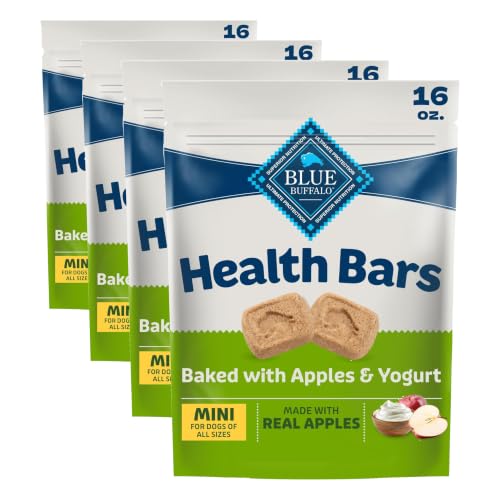 Image of Blue Buffalo Health Bars Mini Crunchy Dog Biscuits, Oven-Baked with Natural Ingredients, Apples & Yogurt, 16-oz Bag (Pack of 4)