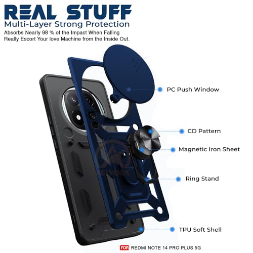Image of Armor Bumper Back Cover Case for Redmi Note 14 Pro Plus 5G | Rotating Camera Cover, Ring Holder & Kickstand | Heavy Duty & 360 Degree Protection Redmi Note 14 Pro Plus 5G Back Cover (Blue)