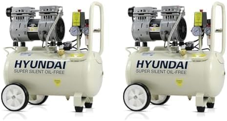 Hyundai HY7524 24 Litre Air Compressor, 5.2cfm/100psi, Silenced, Oil Free, 750w / 230v Direct Drive, 150 litres Per Minute Low Noise Air Compressor, 2 Year Warranty, White (Pack of 2)