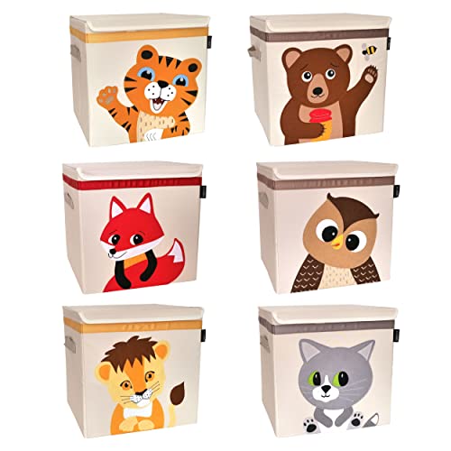 6-er SparSet Kinder Aufbewahrungsboxen mit Deckel 33x33x33cm, passt für Kallax Regale, robust, geruchslos und auf Schadstoffe getestet. Tiger, Löwe, Bär, Katze, Fuchs, Eule Cover