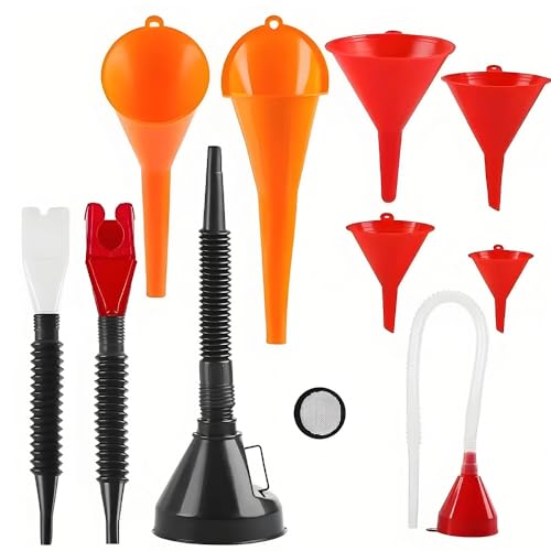 11 Pcs Flexible Plastic Funnels Set, Universal Car Engine Funnels, Right Angle Funnel Set with Detachable Spout & Filter & Snap Funnel for Water Gasoline Coolant Engine Oil