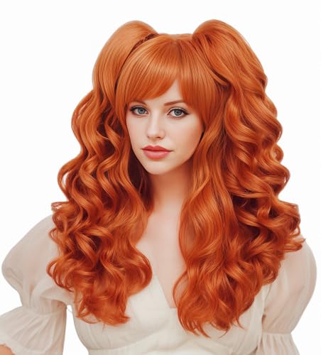 Gerulyss Long Ginger Wig for Women Lolita Auburn Culry wig with 2 Ponytails Clip On Synthetic Cosplay Wig with Bangs