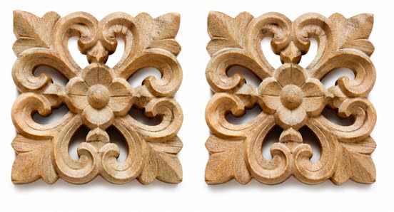 Pmw - Pack of 6 Hand Carved Wooden Applique Decorative Floral Onlay for Furniture, Wall Decor, Doors, Cabinets, DIY Craft & Home Decoration (Natural Wood)-picture-27