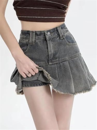 Women's Vintage High Waist Denim Mini Skirt A-Line Pleated Short Jean Skirt2
