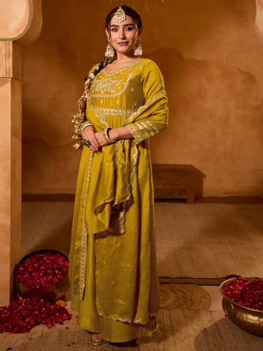 Image of Naixa Women's Vichitra Silk Siquinned Embroidered Flared Kurta with Pant and Dupatta Sets (NX-786)