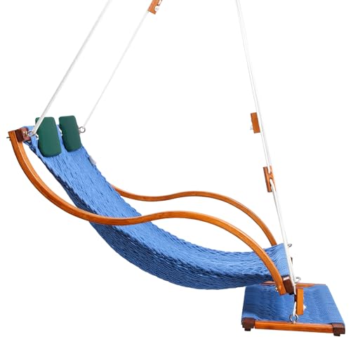 Image of SANIWERKE Porch Swing for 2, Double Hammock Swing with Footrest & S-Armrest, Adjustable Hanging, Durable Rope Net&Thick Wood, 650LBS, 50 inch Wide, Luxe Reclining Duo Swing for Patio Porch(Coastal Blue)