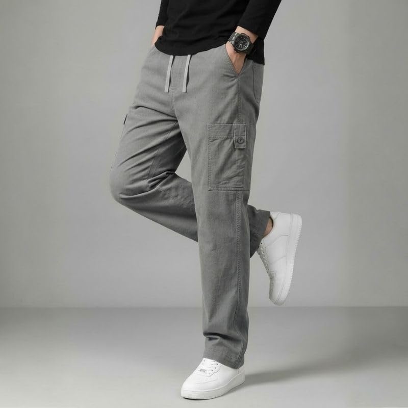 Image of Cargo for Men | Cotton Cargo Pant | Lower for man | Elastic Drawstring Waist Straight Fit Bottoms | Comfortable Breathable Summer Cargos for Casual, Office Wear