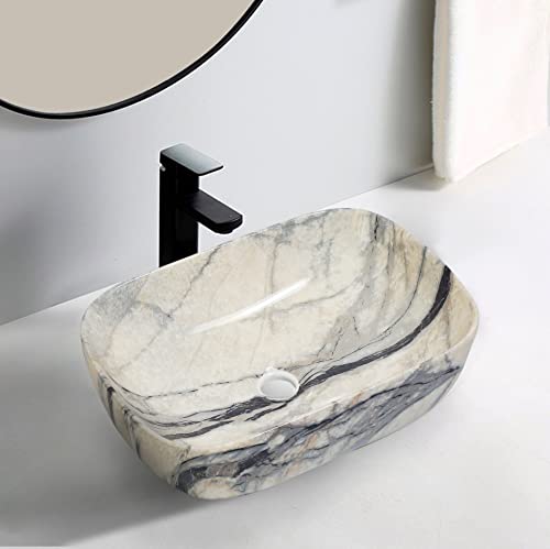 Image of REMOTION Designer Glossy Finish Table Top Ceramic Wash Basin Vessel Sink with Slim Rim |Collapsible Wash Basin | Vessel Sinks For Bathrooms (Cream-Black Wash Basin, 18 x 13 x 5.5 Inch)