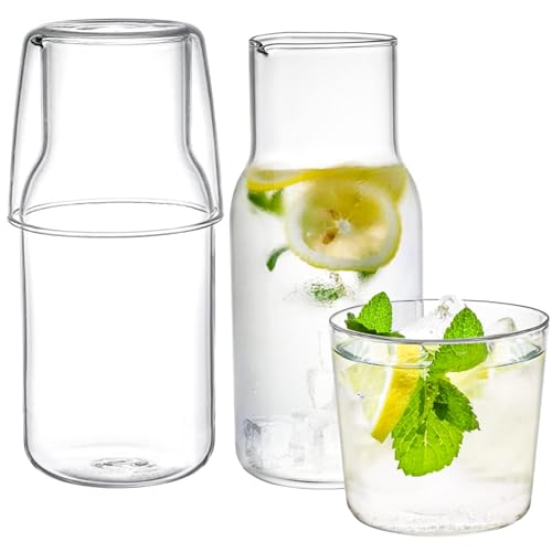 YOUEON 2 Sets 17 Oz Bedside Water Carafe and Glass Set, Nightstand Water Pitcher with Cup Lid, Juice...